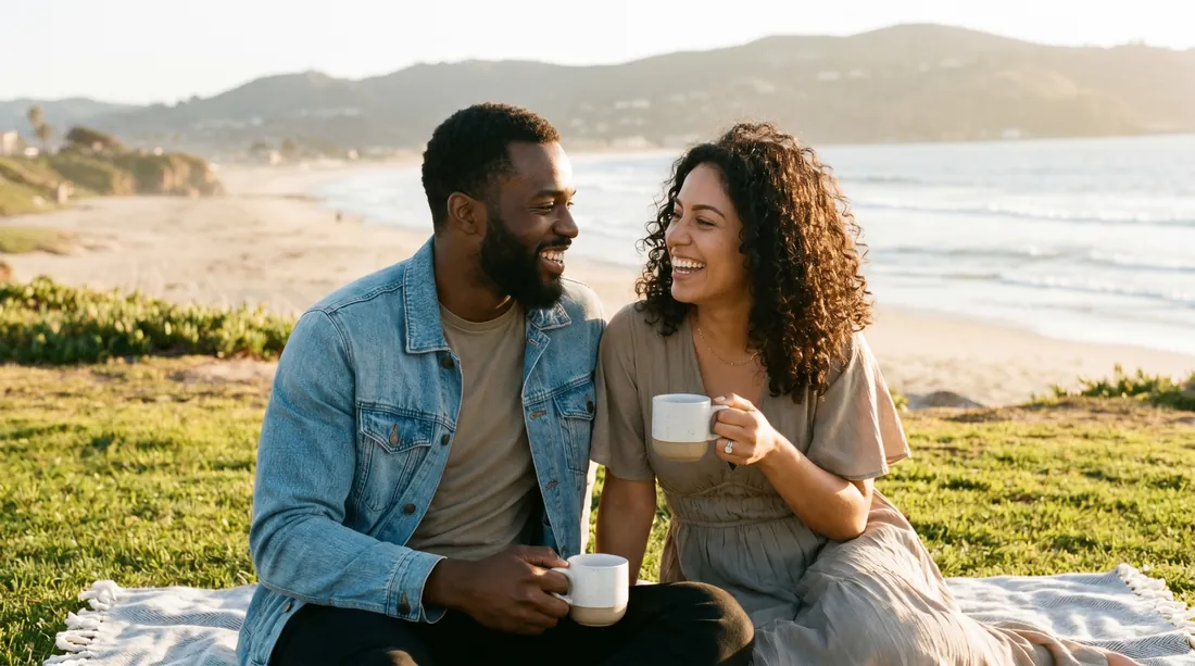 African couple laughing together at golden hour