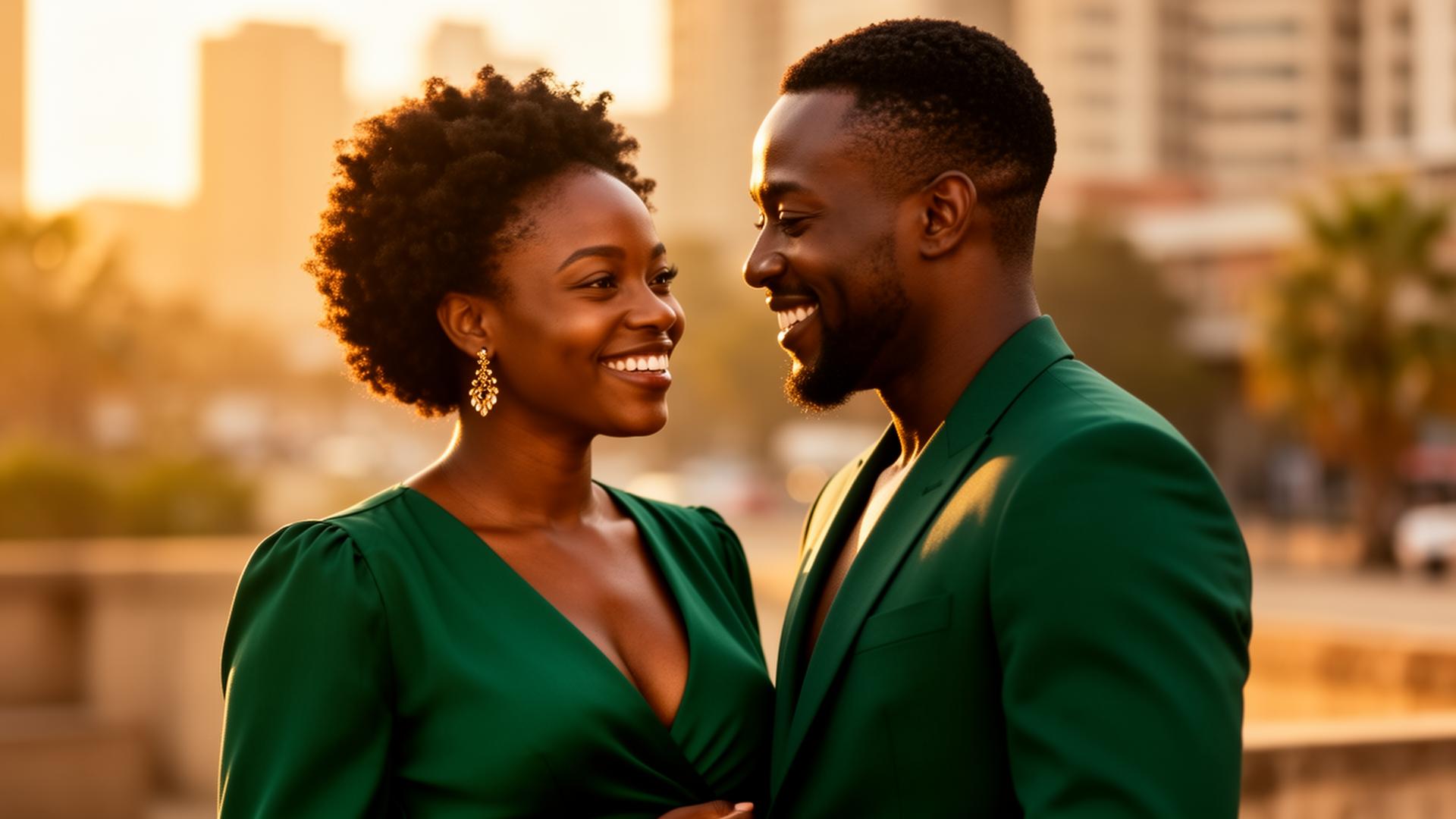 A joyful African couple sharing a tender moment at golden hour